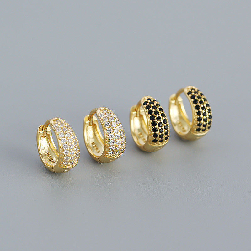 Lovcia Gold Huggie Hoop Earrings 11.2mm CZ 925 Silver-Earrings-SIlver & Black CZ-SIlver & Black CZ