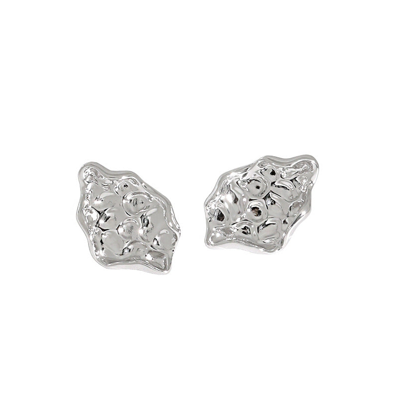 Lovcia Gold Irregular Beaten Stone 12.5mm Stud Earrings-Earrings-Rhodium-Rhodium