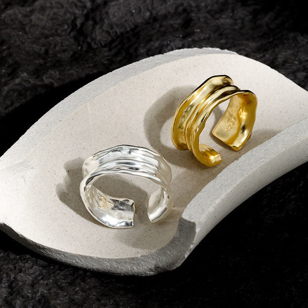 Lovcia Gold Irregular Wrinkle 925 Silver Ring Adjustable-Rings-Yellow Gold-Yellow Gold