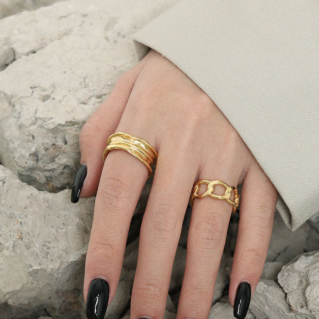 Lovcia Gold Irregular Wrinkle 925 Silver Ring Adjustable-Rings-Yellow Gold-Yellow Gold