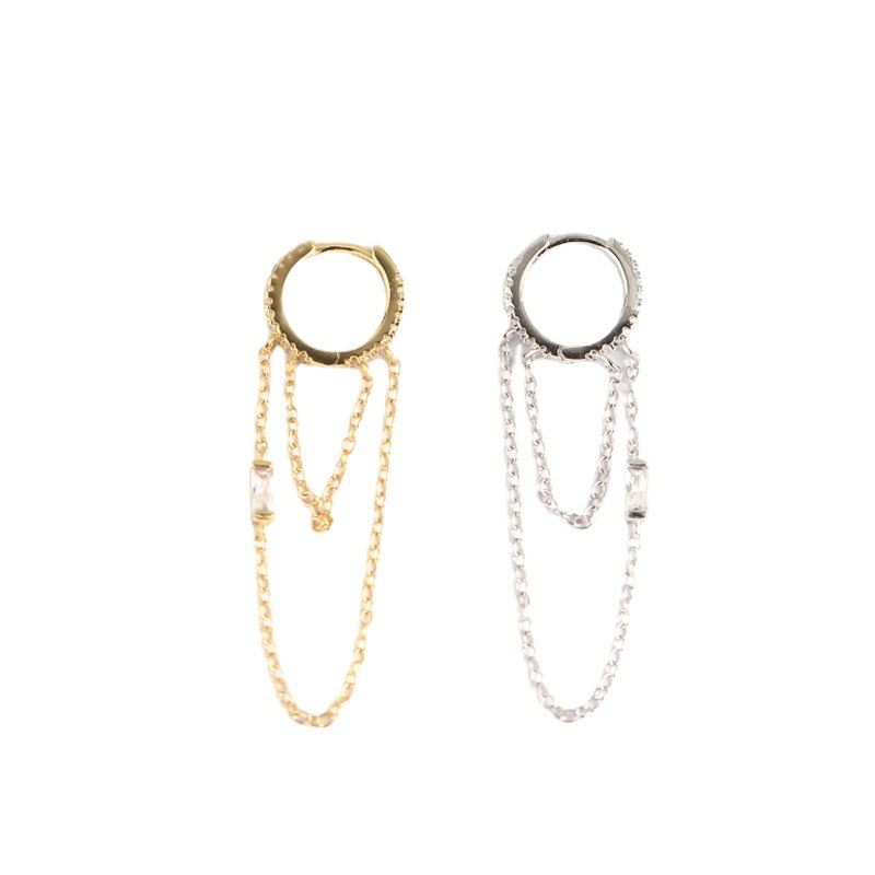Lovcia Gold Layer CZ Chain Tassels Hoop Earrings 40mm-Earrings-Silver-Silver