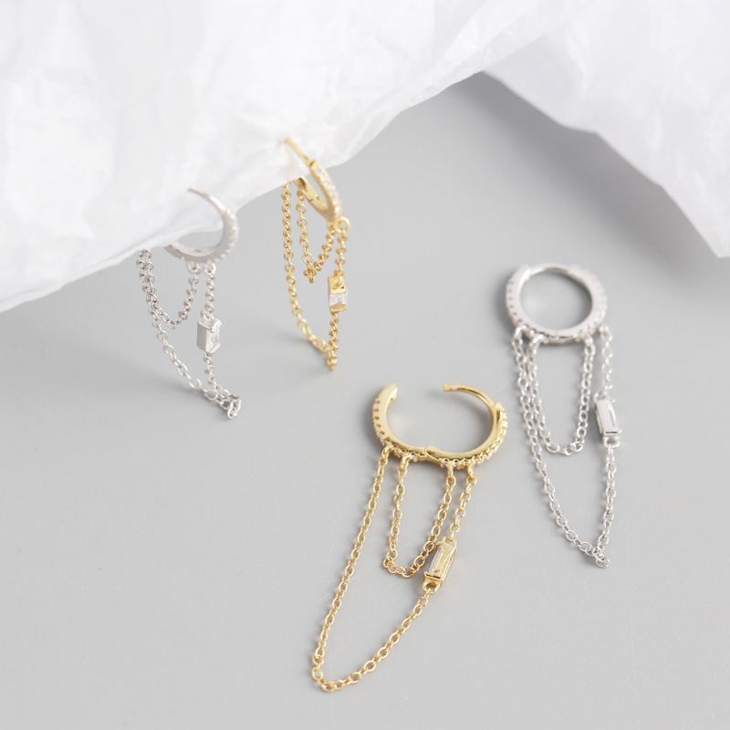 Lovcia Gold Layer CZ Chain Tassels Hoop Earrings 40mm-Earrings-Silver-Silver