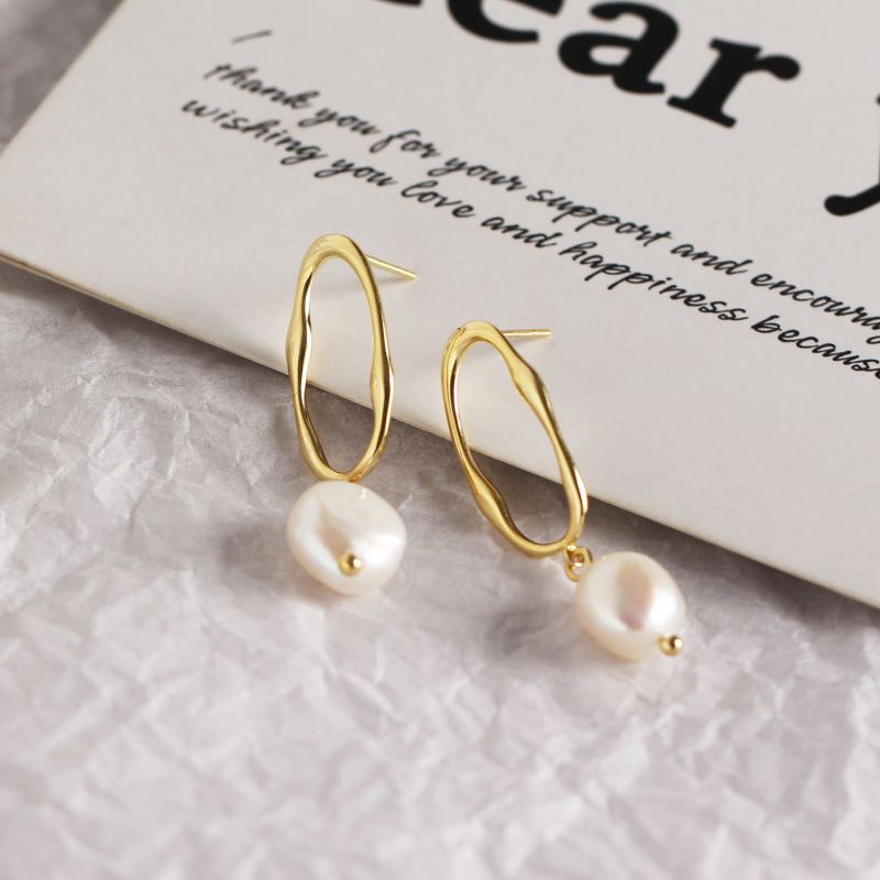 Lovcia Gold Natural Pearl Drop Earrings 925 Silver Baroque-Earrings-