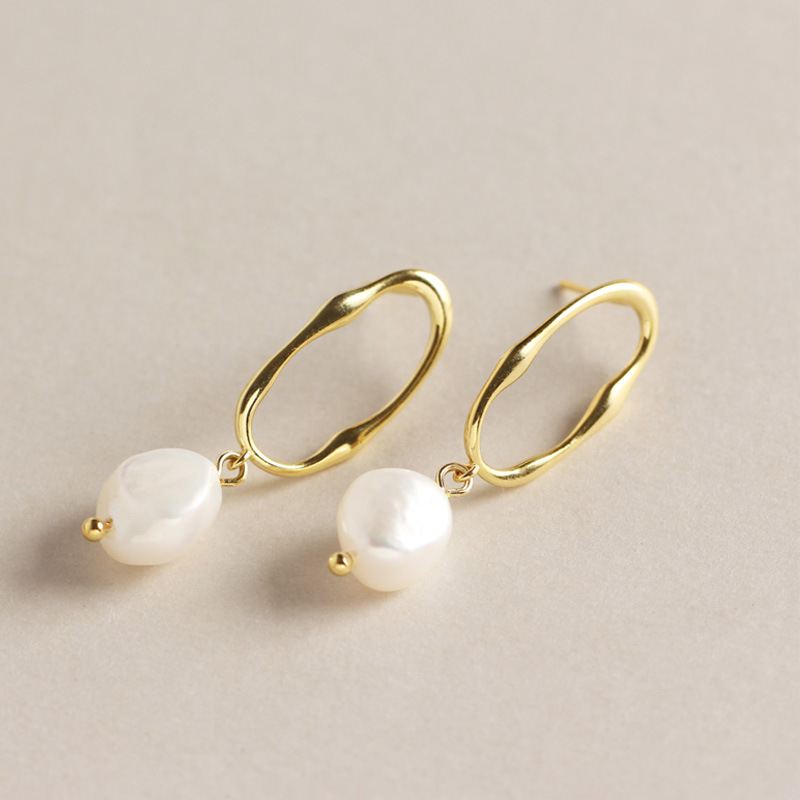 Lovcia Gold Natural Pearl Drop Earrings 925 Silver Baroque-Earrings-