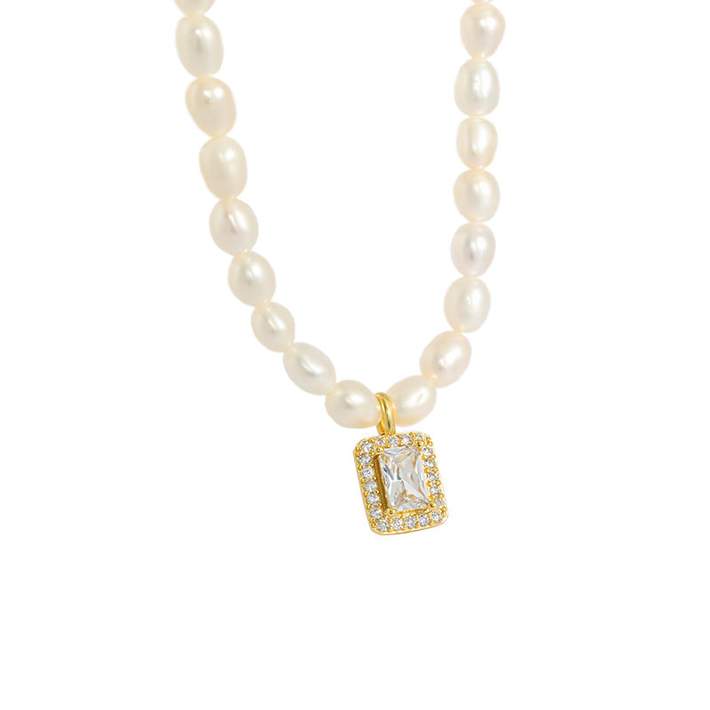 Lovcia Gold Pearl Necklace With CZ Pendant 41cm Extender-Necklaces-Yellow Gold-Yellow Gold