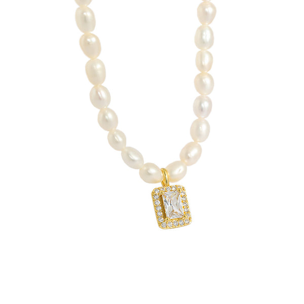 Lovcia Gold Pearl Necklace With CZ Pendant 41cm Extender-Necklaces-Yellow Gold-Yellow Gold
