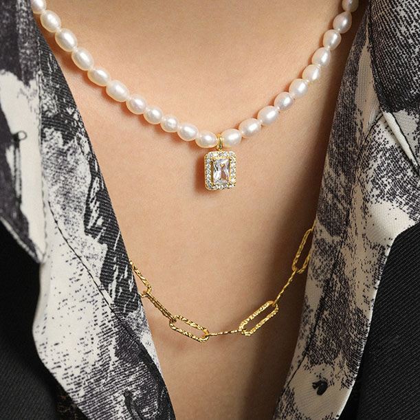 Lovcia Gold Pearl Necklace With CZ Pendant 41cm Extender-Necklaces-Yellow Gold-Yellow Gold