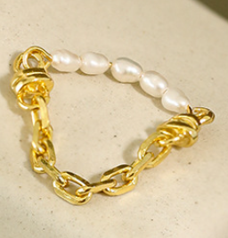 Lovcia Gold Pearls Style Chain Ring in 925 Sterling Silver-Rings-Us 6-Yellow Gold-