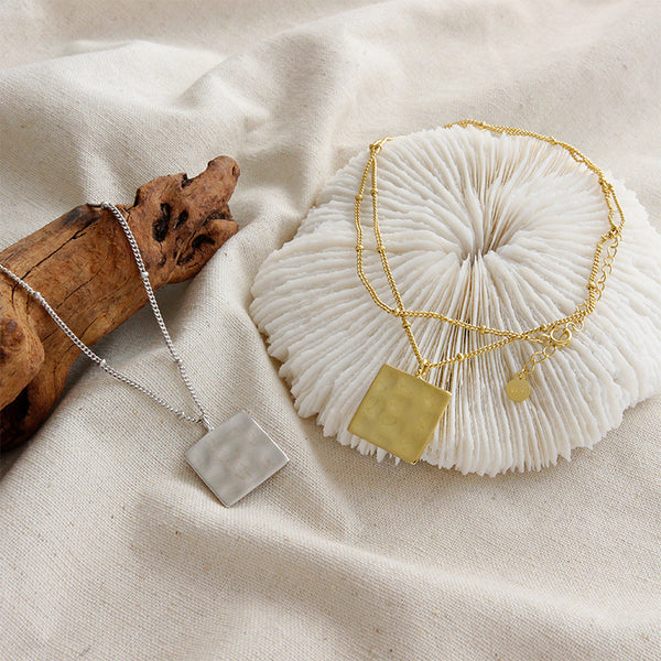 Lovcia Gold Plated 18K Square Sterling Silver Necklace 17mm-Necklaces-Yellow Gold-Yellow Gold