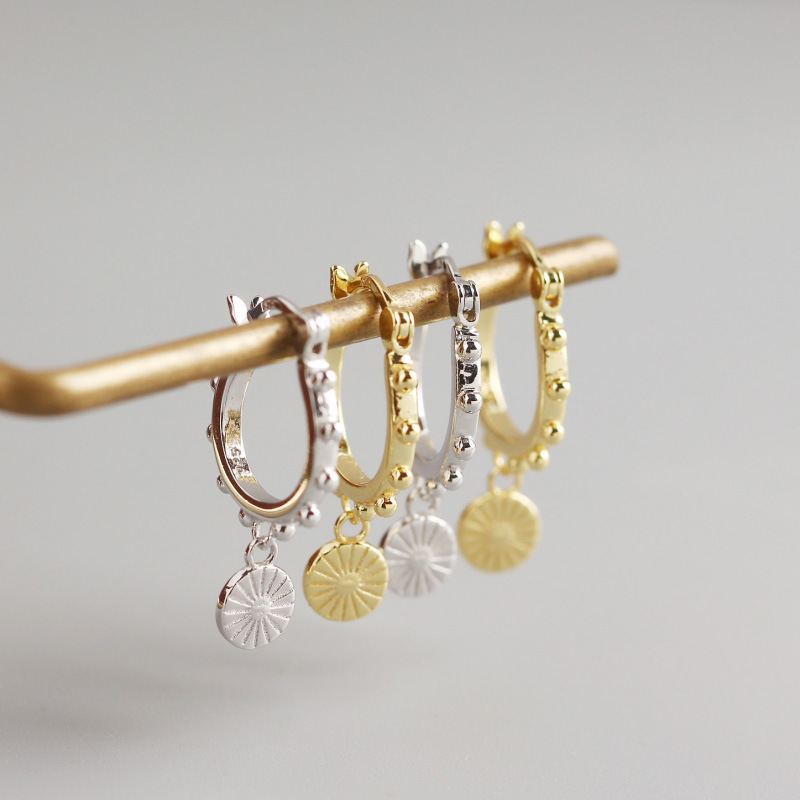 Lovcia Gold Plated 925 Hoop Earrings Bead Round Tag-Earrings-Yellow Gold-Yellow Gold