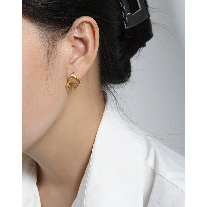 Lovcia Gold Plated 925 Irregular Square Stud Earrings 15mm-Earrings-Yellow Gold-Yellow Gold