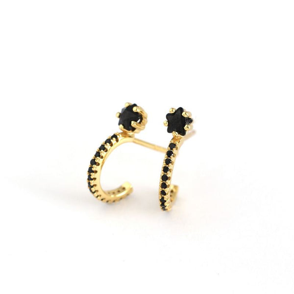 Lovcia Gold Plated 925 Silver CZ Stud Earrings C Shape-Earrings-Yellow Gold & Black Cz-Yellow Gold & Black Cz