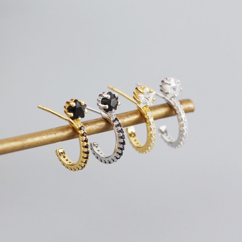 Lovcia Gold Plated 925 Silver CZ Stud Earrings C Shape-Earrings-Yellow Gold & Black Cz-Yellow Gold & Black Cz