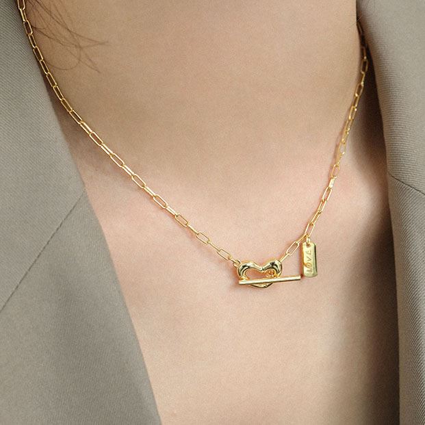 Lovcia Gold Plated 925 Silver Heart Love Letter Necklace-Necklaces-Yellow Gold-