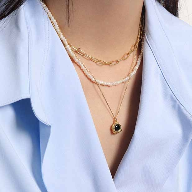 Lovcia Gold Plated 925 Silver Necklace With Black CZ-Necklaces-Yellow Gold-Yellow Gold