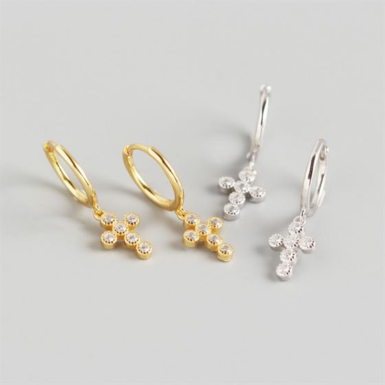 Lovcia Gold Plated 925 Sterling Cross CZ Hoop Earrings-Earrings-Yellow Gold-Yellow Gold