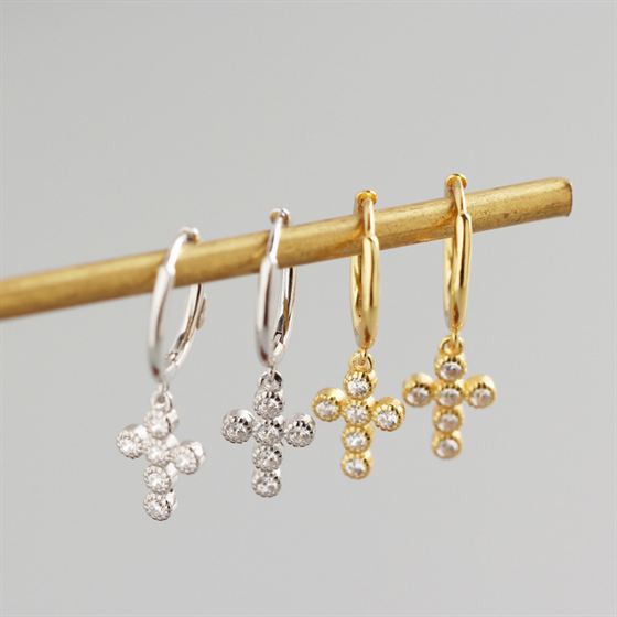 Lovcia Gold Plated 925 Sterling Cross CZ Hoop Earrings-Earrings-Yellow Gold-Yellow Gold