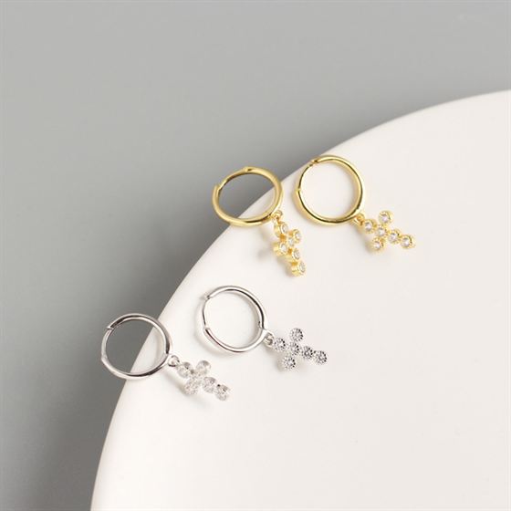 Lovcia Gold Plated 925 Sterling Cross CZ Hoop Earrings-Earrings-Yellow Gold-Yellow Gold