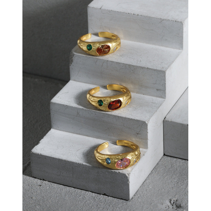 Lovcia Gold Plated Adjustable Ring With Oval CZ Stones-Rings-Yellow Gold & Pink CZ-Yellow Gold & Pink CZ