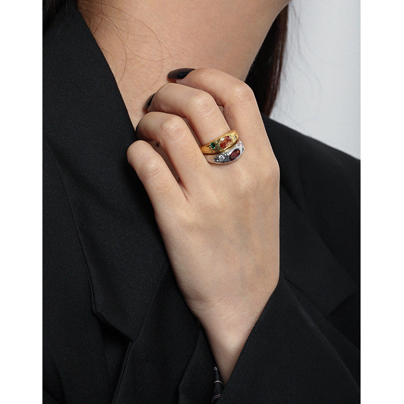Lovcia Gold Plated Adjustable Ring With Oval CZ Stones-Rings-Yellow Gold & Pink CZ-Yellow Gold & Pink CZ