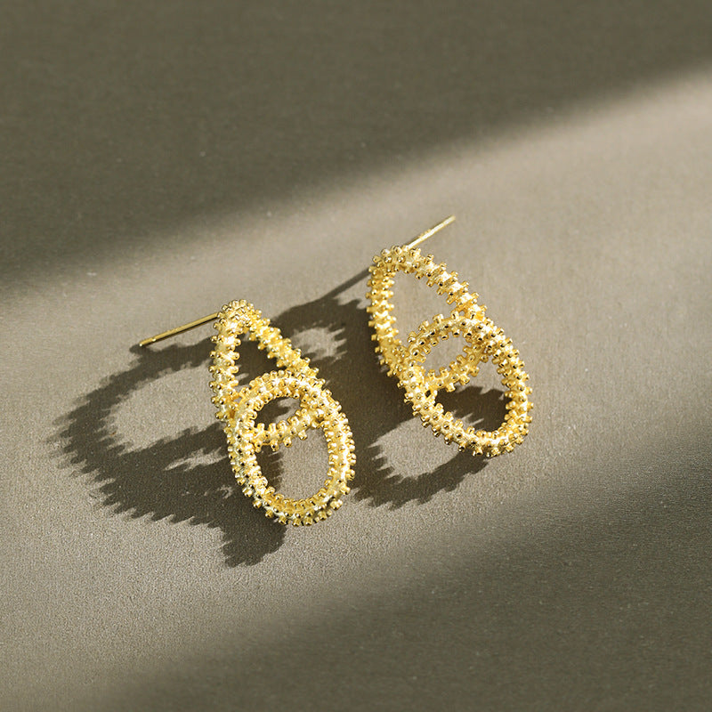 Lovcia Gold Plated Bead Border Loop Cross Stud Earrings-Earrings-Yellow Gold-Yellow Gold