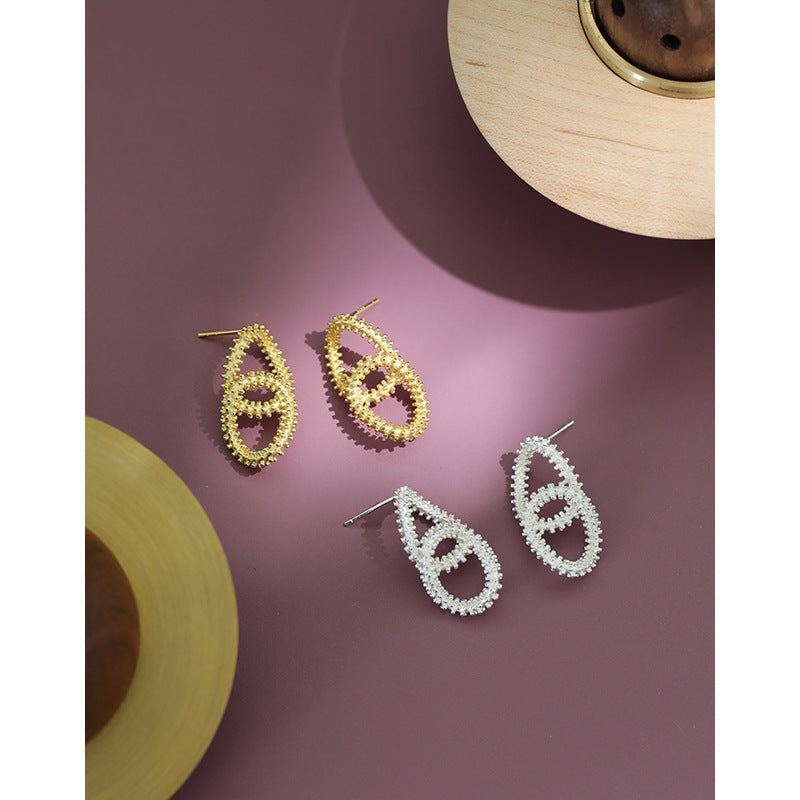 Lovcia Gold Plated Bead Border Loop Cross Stud Earrings-Earrings-Yellow Gold-Yellow Gold
