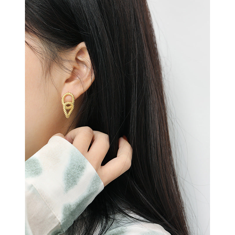 Lovcia Gold Plated Bead Border Loop Cross Stud Earrings-Earrings-Yellow Gold-Yellow Gold