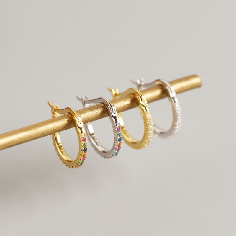 Lovcia Gold Plated CZ Hoop Earrings 12.6mm 925 Silver-Earrings-Yellow Gold * Colorful Cz-Yellow Gold * Colorful Cz