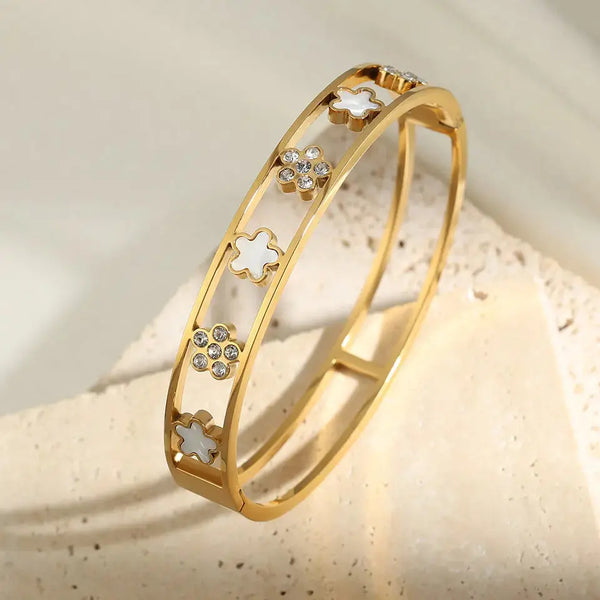 Lovcia Gold Plated Diamond Inlaid Five Petal Flower Stainless Steel Bangle Bracelet for Women-Bracelets-Gold-Gold