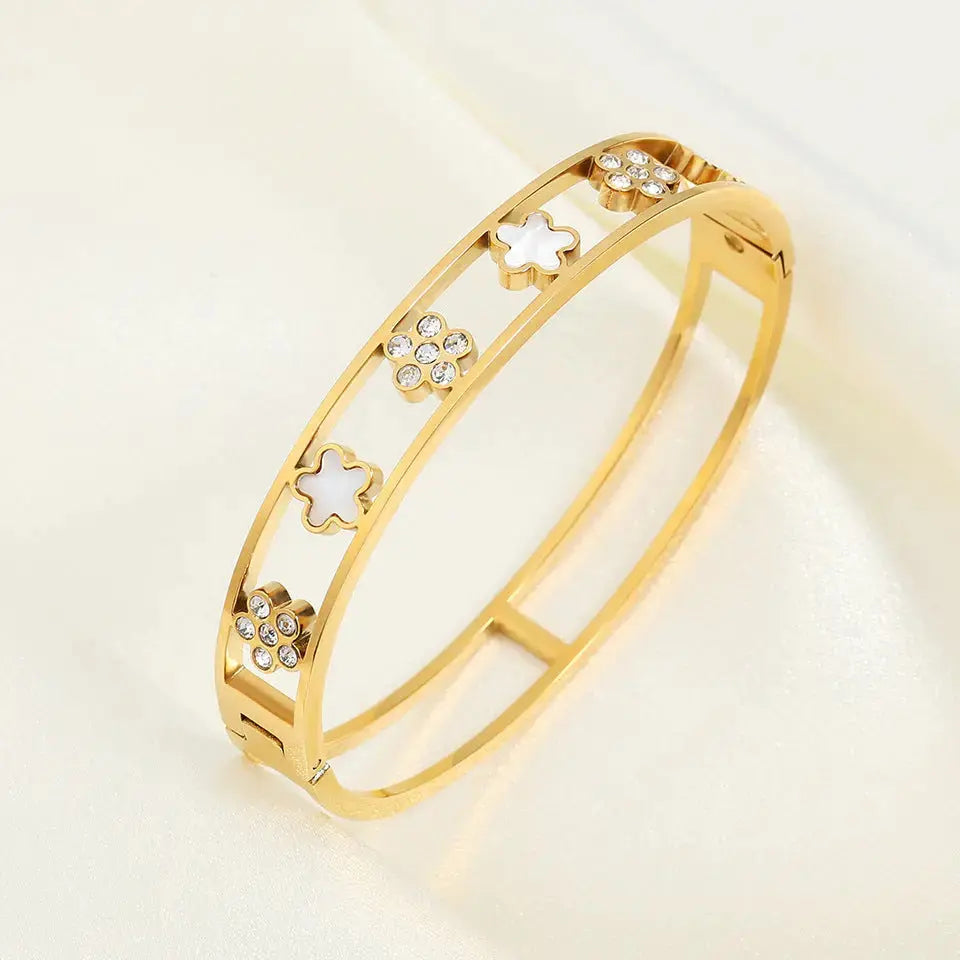 Lovcia Gold Plated Diamond Inlaid Five Petal Flower Stainless Steel Bangle Bracelet for Women-Bracelets-Gold-Gold