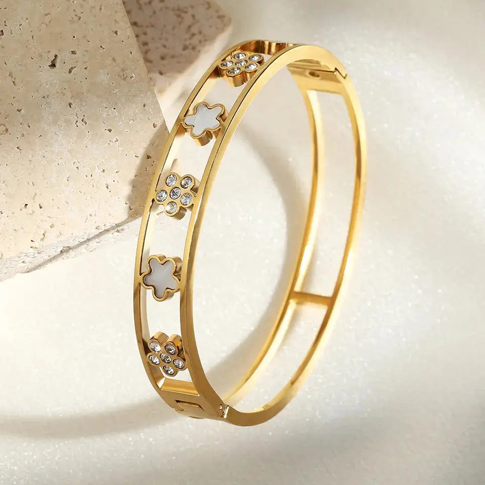 Lovcia Gold Plated Diamond Inlaid Five Petal Flower Stainless Steel Bangle Bracelet for Women-Bracelets-Gold-Gold