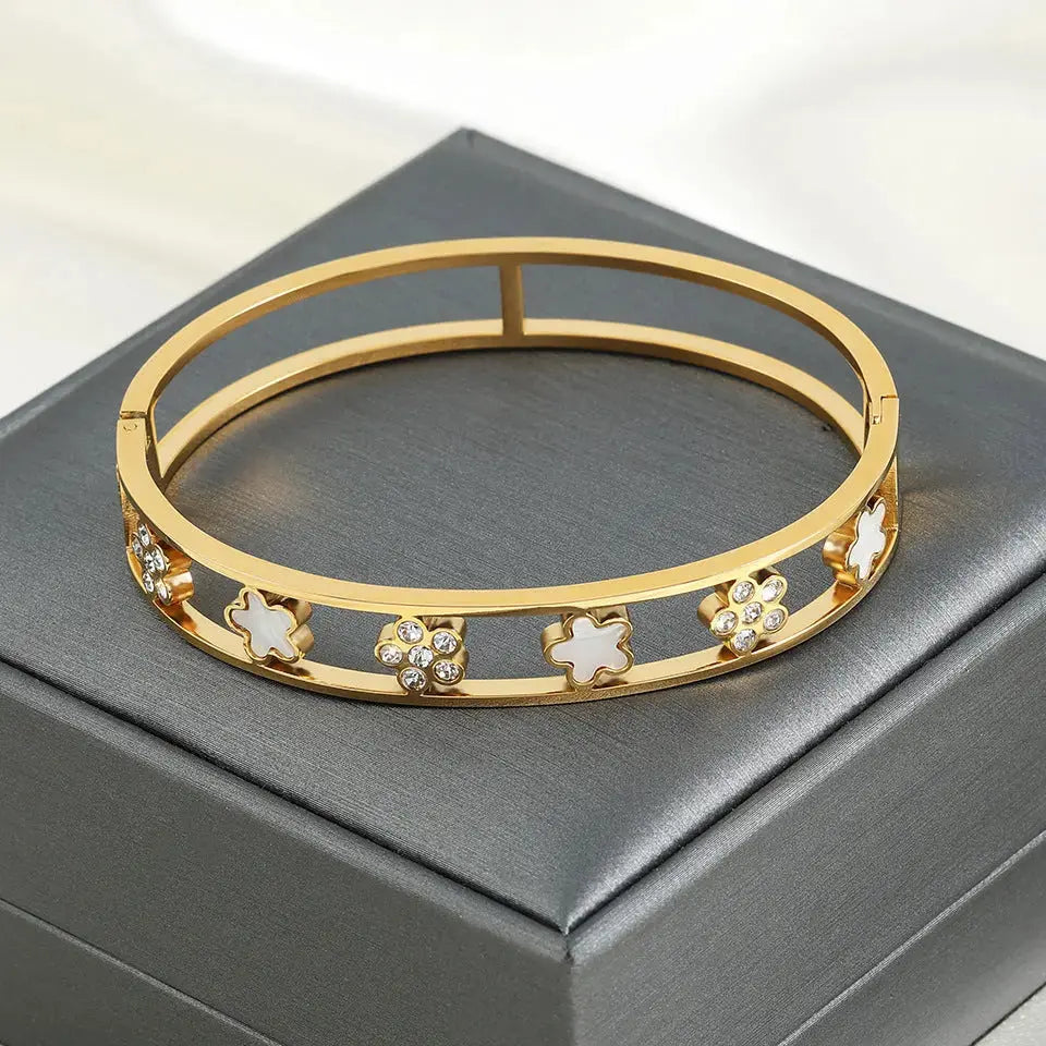 Lovcia Gold Plated Diamond Inlaid Five Petal Flower Stainless Steel Bangle Bracelet for Women-Bracelets-Gold-Gold
