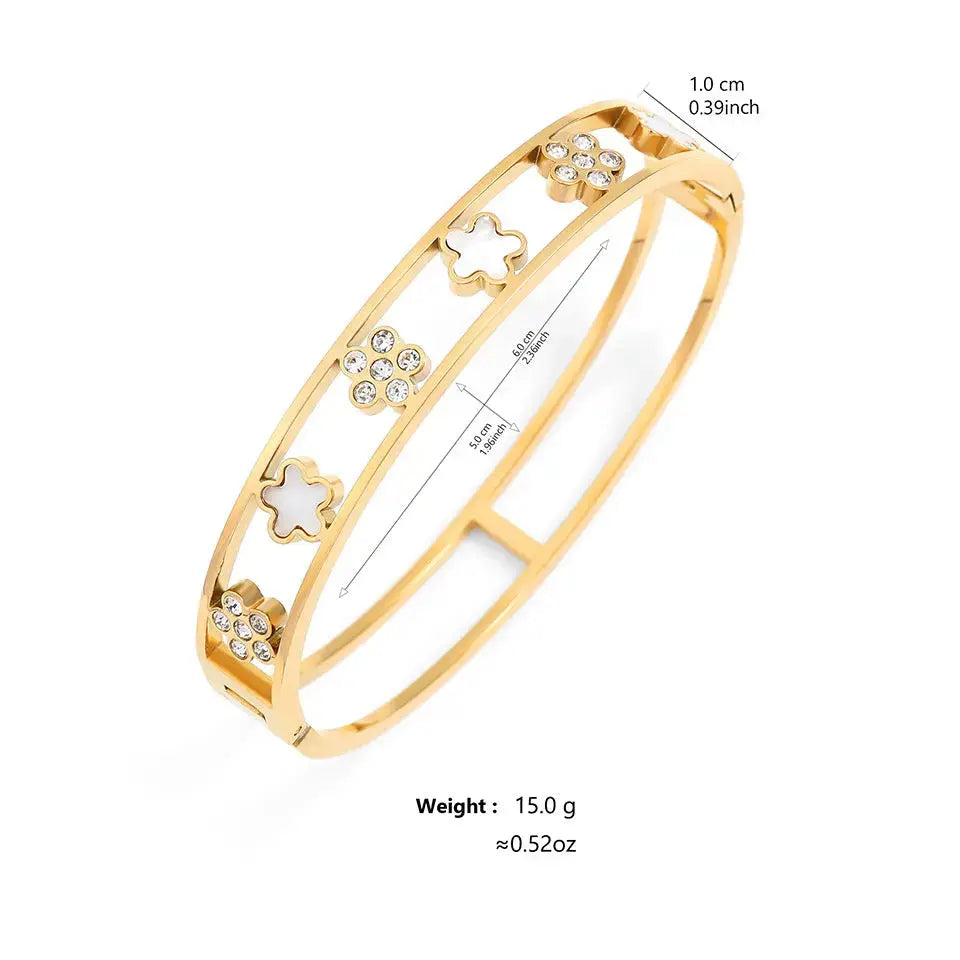 Lovcia Gold Plated Diamond Inlaid Five Petal Flower Stainless Steel Bangle Bracelet for Women-Bracelets-Gold-Gold