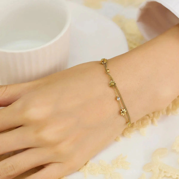 Lovcia Gold-Plated Double Chain Flower Charm Bracelet for Women with Crystal Stones-Bracelets-Gold-Gold