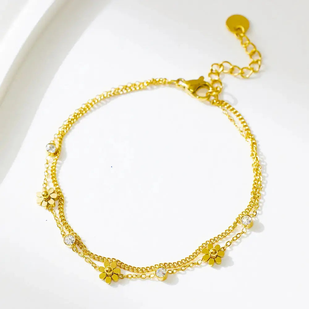 Lovcia Gold-Plated Double Chain Flower Charm Bracelet for Women with Crystal Stones-Bracelets-Gold-Gold