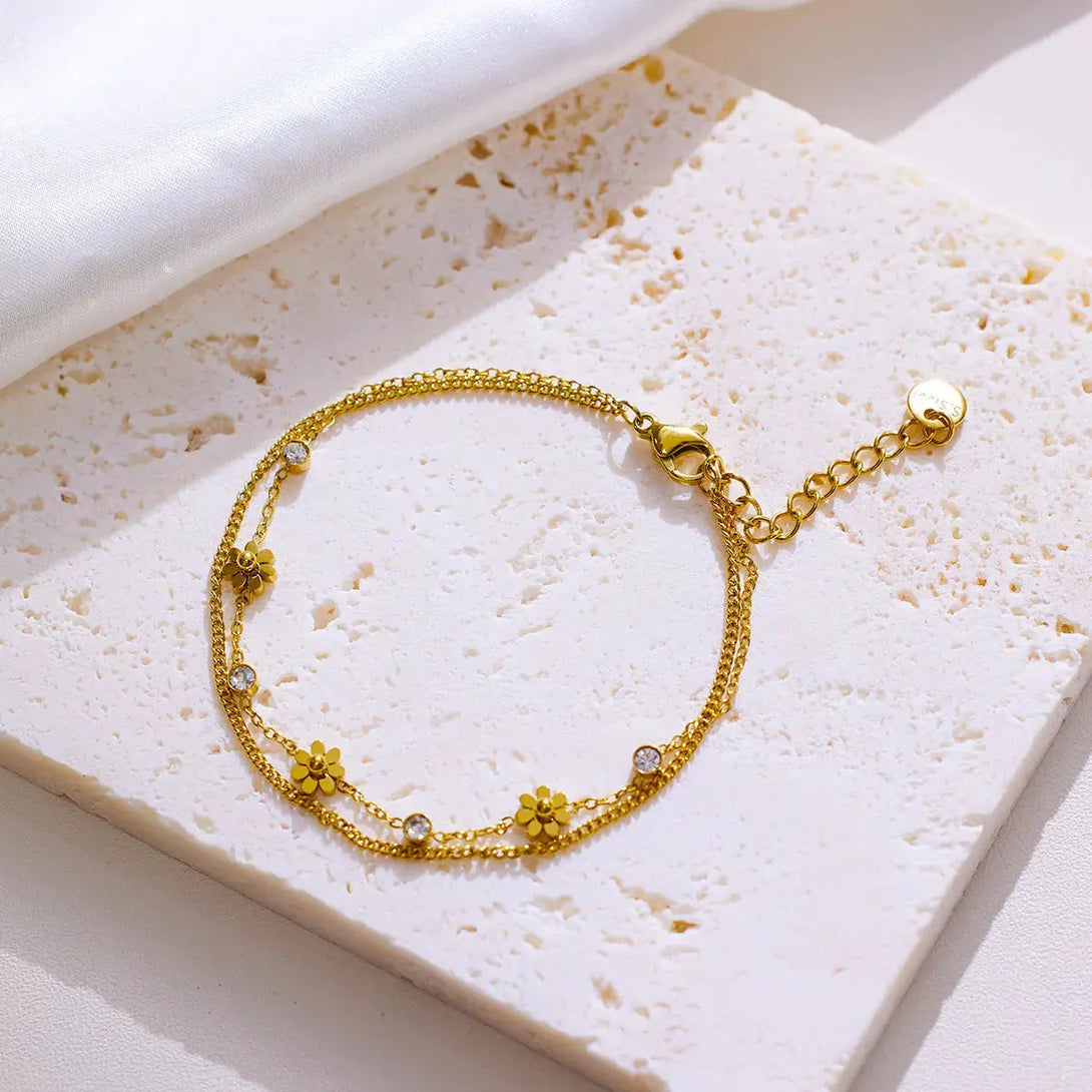 Lovcia Gold-Plated Double Chain Flower Charm Bracelet for Women with Crystal Stones-Bracelets-Gold-Gold