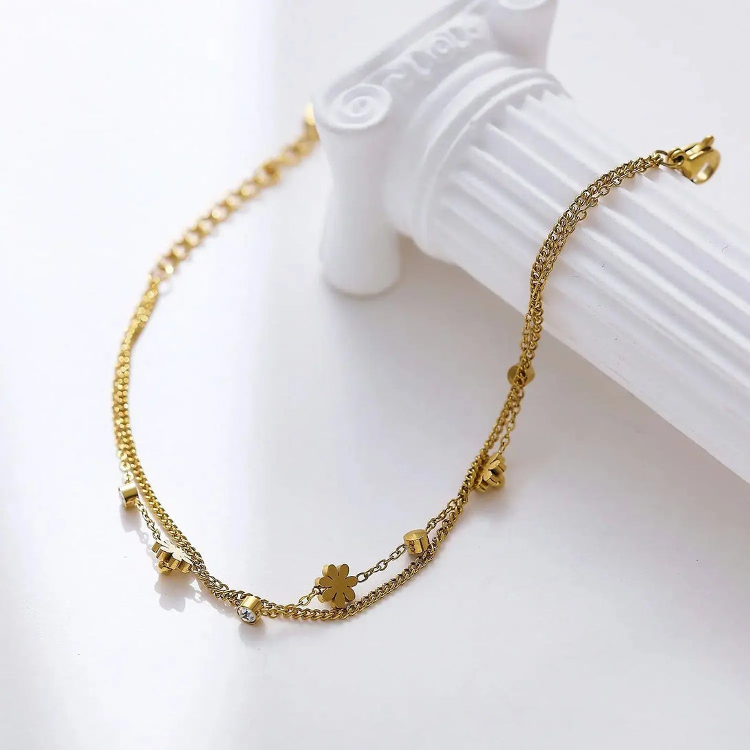 Lovcia Gold-Plated Double Chain Flower Charm Bracelet for Women with Crystal Stones-Bracelets-Gold-Gold