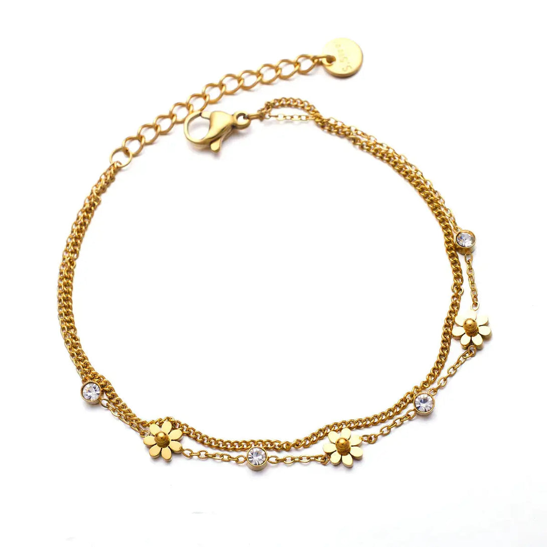 Lovcia Gold-Plated Double Chain Flower Charm Bracelet for Women with Crystal Stones-Bracelets-Gold-Gold