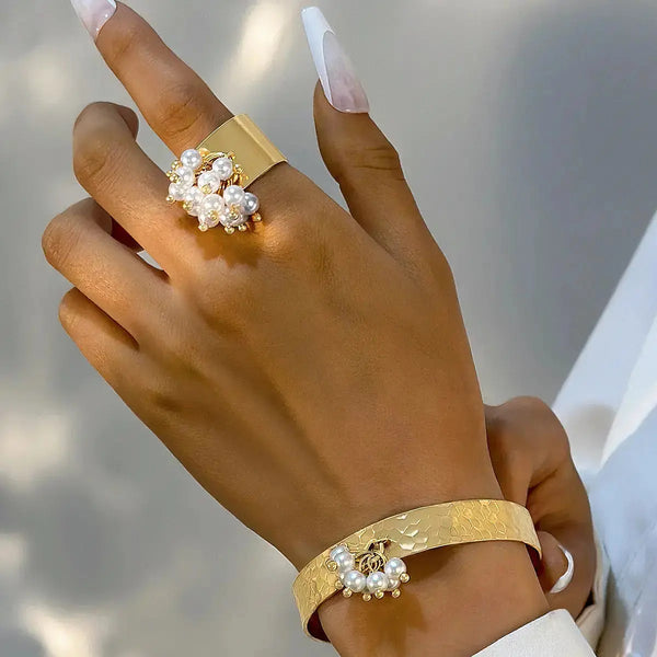 Lovcia Gold Plated Elegant Pearl Cluster Bracelet and Ring Jewellery Set for Women-Bracelets-Gold-Gold