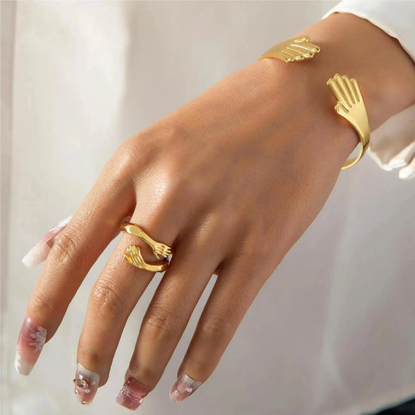 Lovcia Gold Plated Embrace Love Open Cuff Bangle Bracelet and Adjustable Ring Set for Women-Bracelets-Gold-Gold