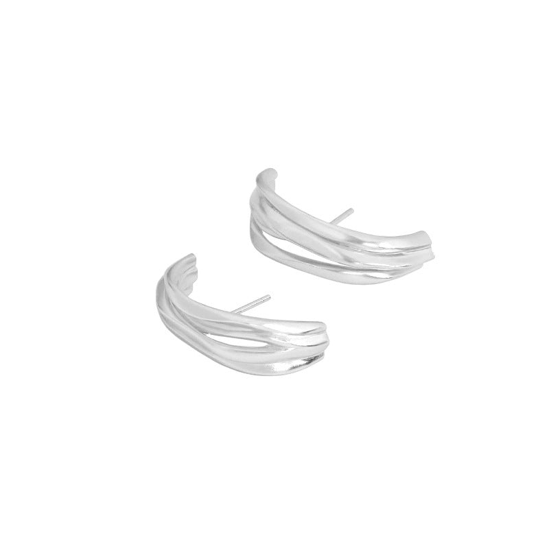 Lovcia Gold Plated Geometry Triple Lines C Shape Earrings-Earrings-Rhodium-Rhodium