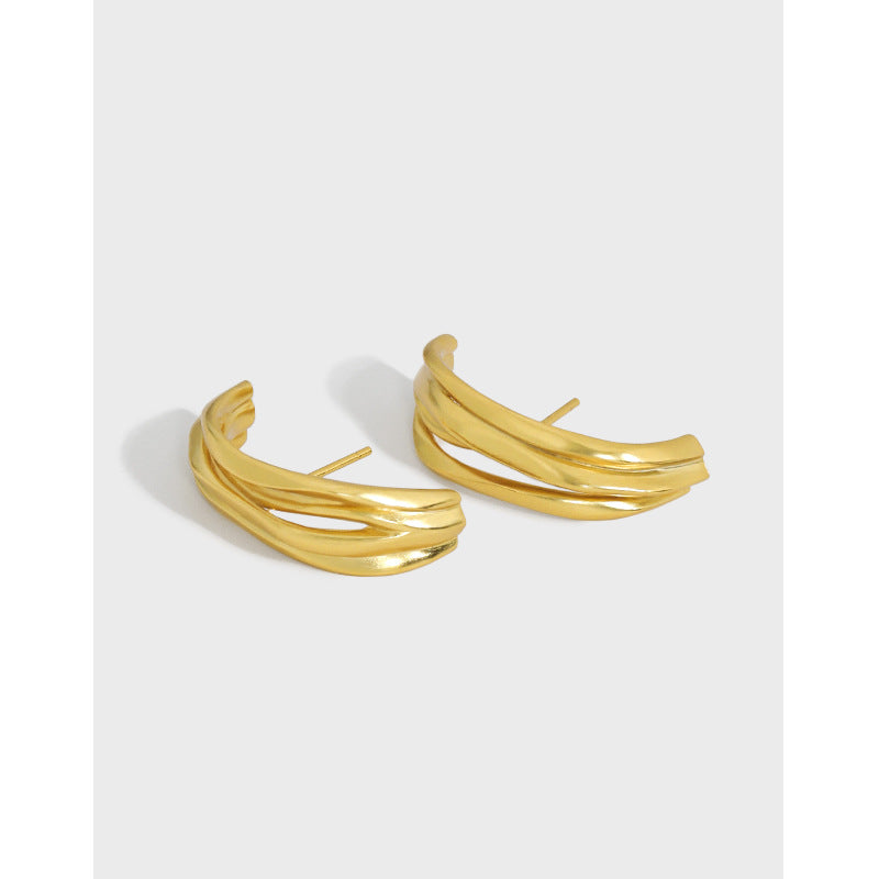 Lovcia Gold Plated Geometry Triple Lines C Shape Earrings-Earrings-Yellow Gold-Yellow Gold