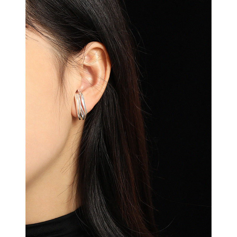Lovcia Gold Plated Geometry Triple Lines C Shape Earrings-Earrings-Yellow Gold-Yellow Gold