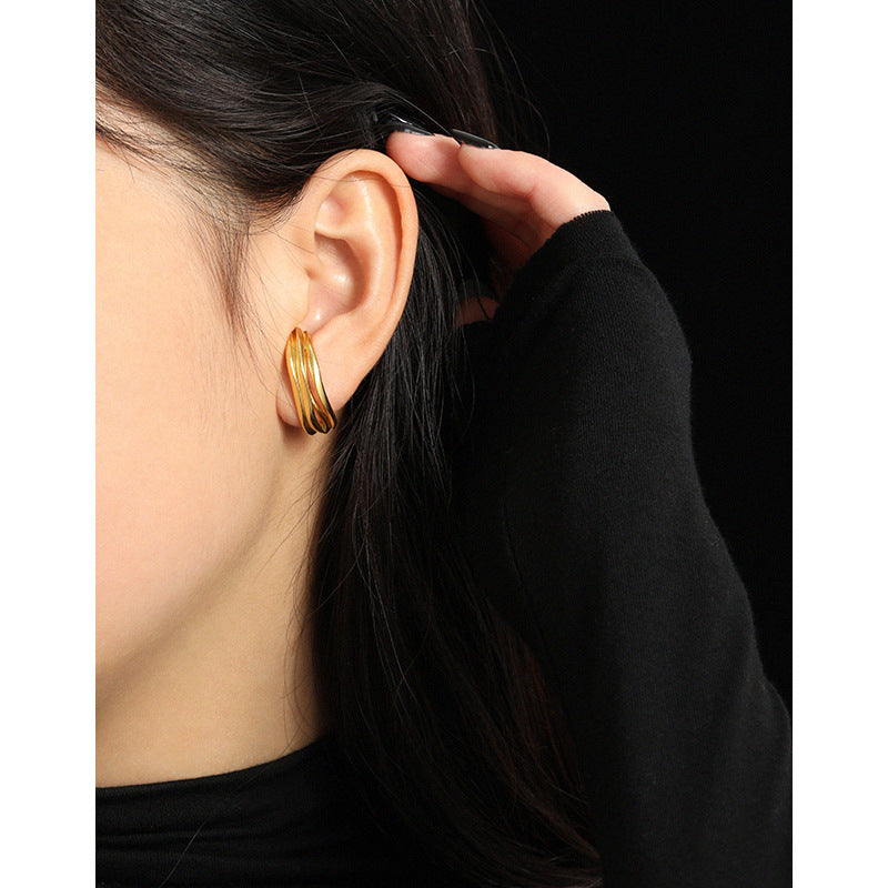 Lovcia Gold Plated Geometry Triple Lines C Shape Earrings-Earrings-Yellow Gold-Yellow Gold