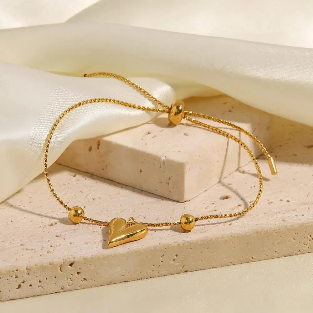 Lovcia Gold Plated Heart Charm Slider Adjustable Bracelet for Women - Trendy Jewellery Gift for Women-Bracelets-Gold-Gold