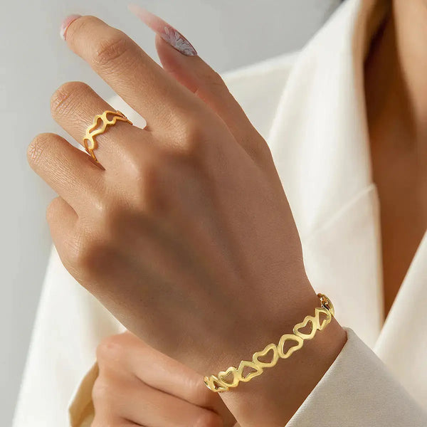 Lovcia Gold-Plated Heart Link Open Cuff Bangle Bracelet and Adjustable Heart Ring Set for Women-Bracelets-Gold-Gold