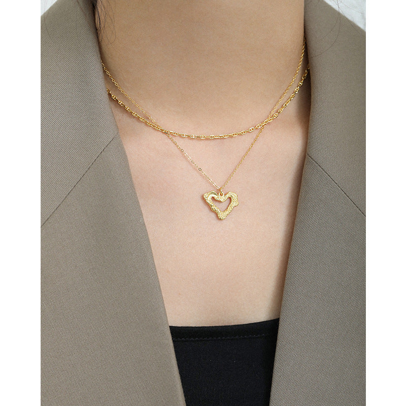 Lovcia Gold Plated Hollow Heart Necklace 925 Silver-Necklaces-Yellow Gold-Yellow Gold