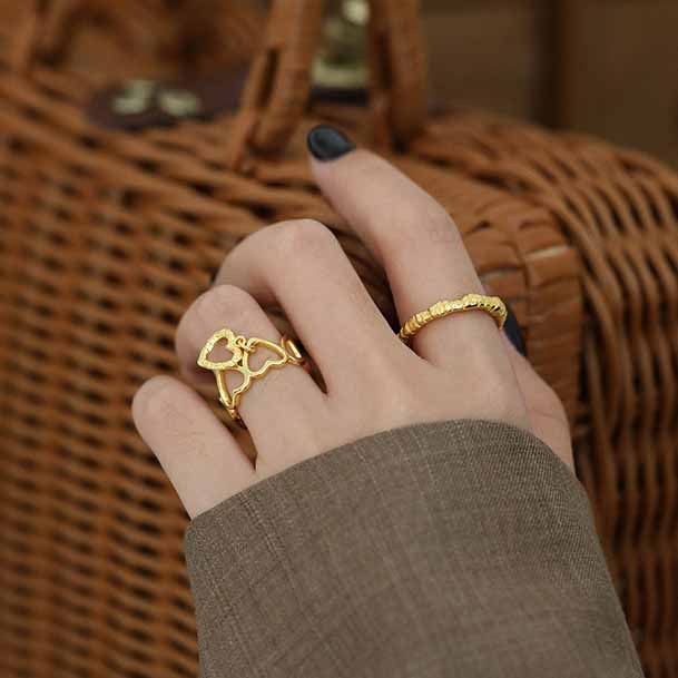 Lovcia Gold Plated Hollow Hearts Adjustable Open Size Ring-Rings-Yellow Gold-Yellow Gold