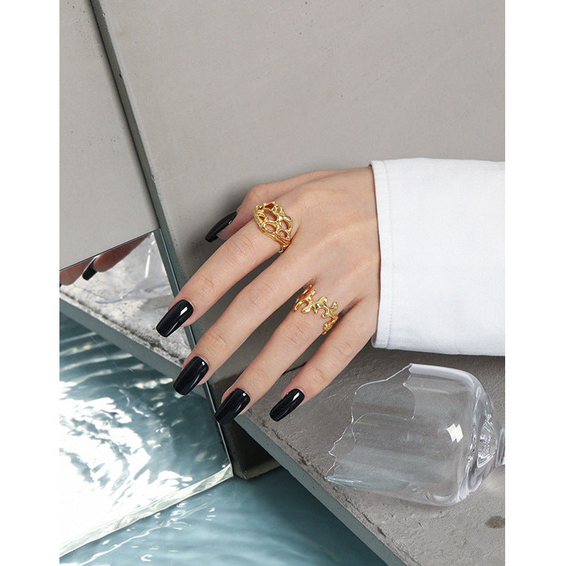 Lovcia Gold Plated Hollow Hearts Adjustable Ring 925 Silver-Rings-Yellow Gold-
