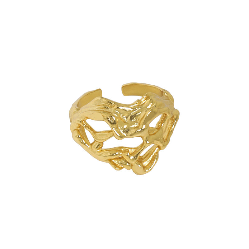 Lovcia Gold Plated Hollow Hearts Adjustable Ring 925 Silver-Rings-Yellow Gold-